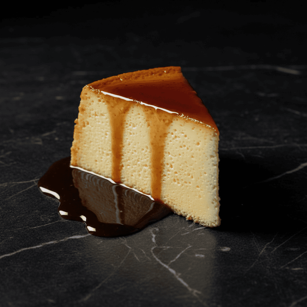Close-up of a slice of flan de leche dominicano showing silky custard and dark caramel drips