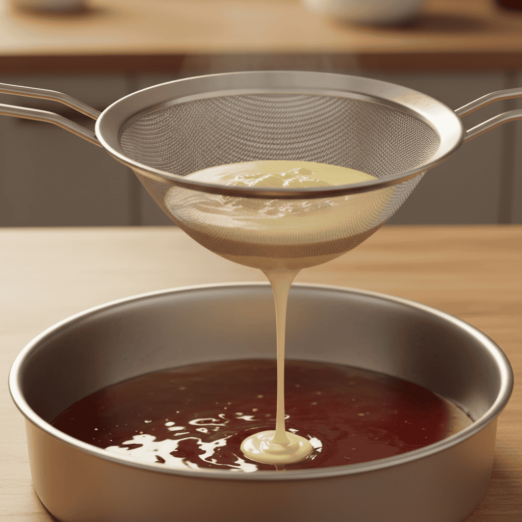 Pale yellow custard mixture being strained into the caramel-lined flan pan