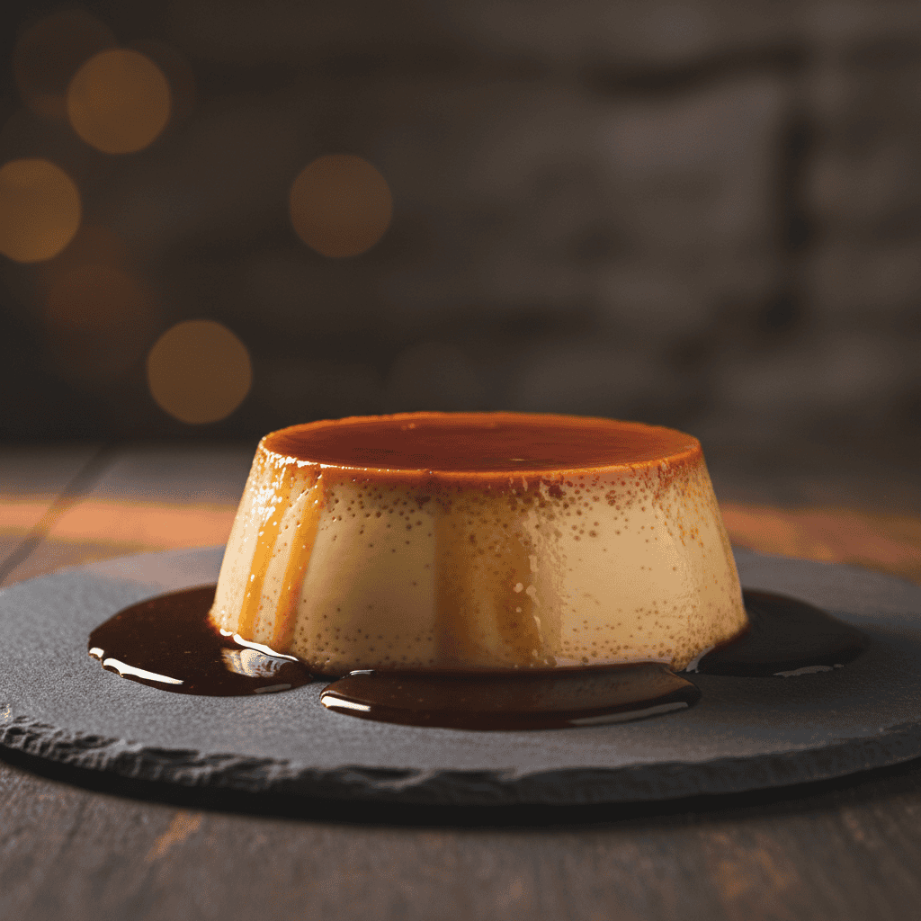 Dominican flan de leche unmolded on dark slate with dark amber caramel sauce pooling around the base