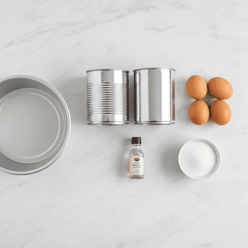 Flan de leche dominicano ingredients — evaporated milk, condensed milk, eggs, vanilla, sugar, baking pan on white marble