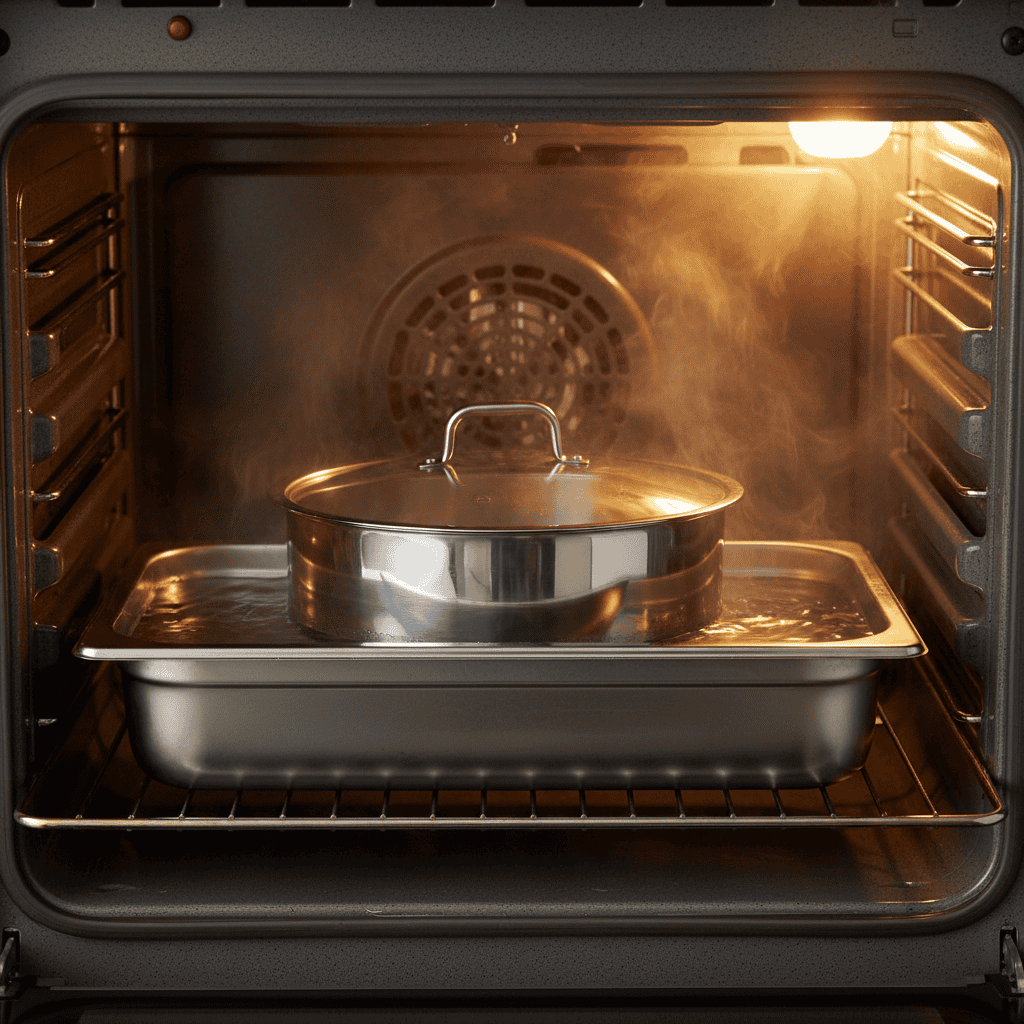 Flan pan set in a water bath bain-marie inside the oven for gentle even cooking