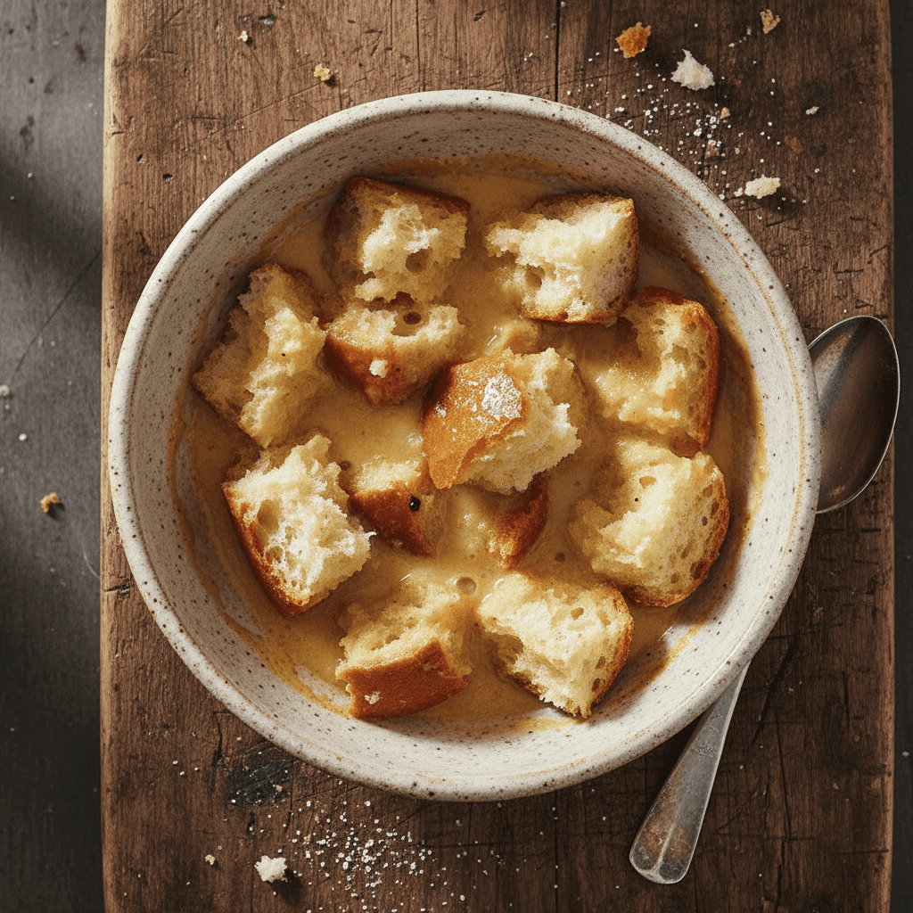 Bread pieces soaking in custard mixture for Dominican flan de pan
