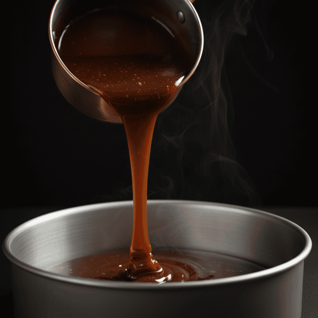 Dark amber Dominican caramel being poured into a round baking pan