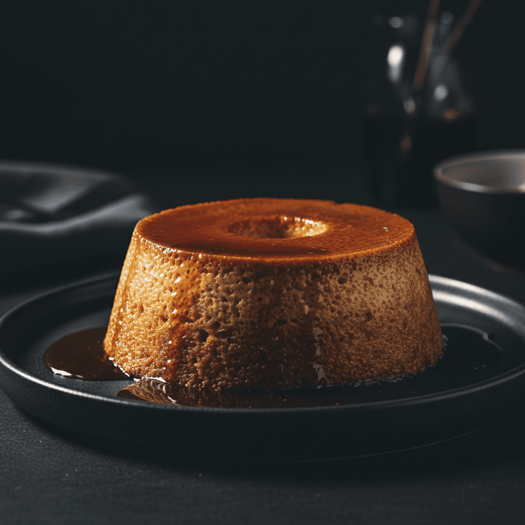 Unmolded Dominican flan de pan on a ceramic plate with dark amber caramel sauce