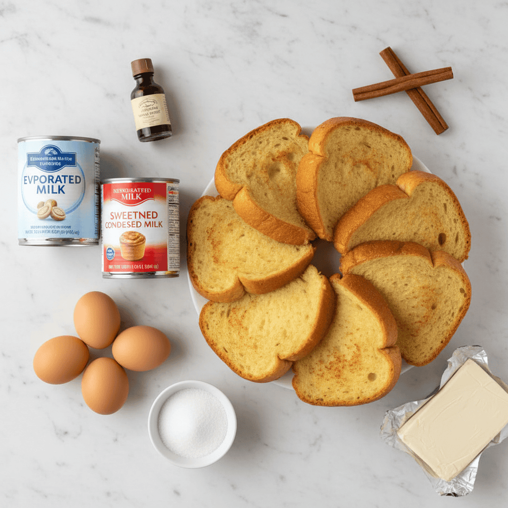 Flan de pan dominicano ingredients — bread, evaporated milk, condensed milk, eggs, cream cheese