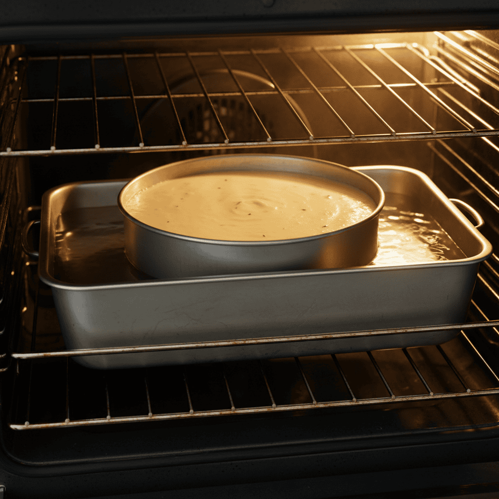 Flan de pan Dominican in a water bath bain-marie in the oven