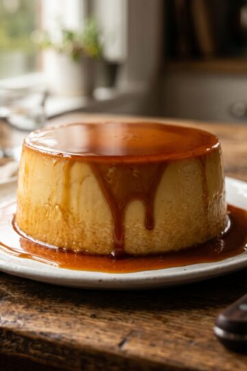 Whole flan dominicano unmolded on a plate with amber caramel cascading down