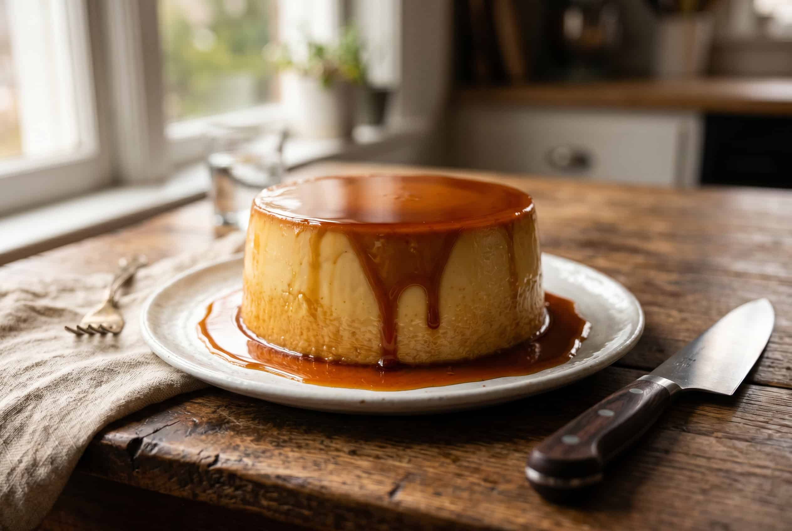 Flan Dominicano (Classic Dominican Flan) Whole flan dominicano unmolded on a plate with amber caramel cascading down