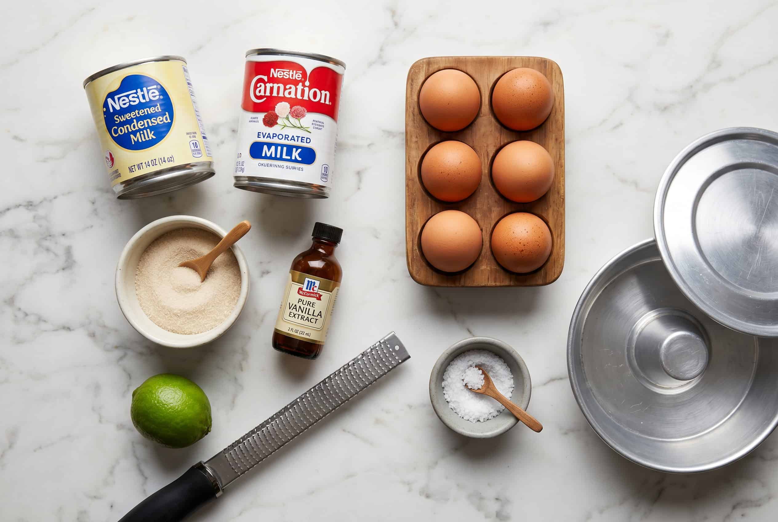Ingredients for flan dominicano - sugar condensed milk evaporated milk eggs vanilla lime