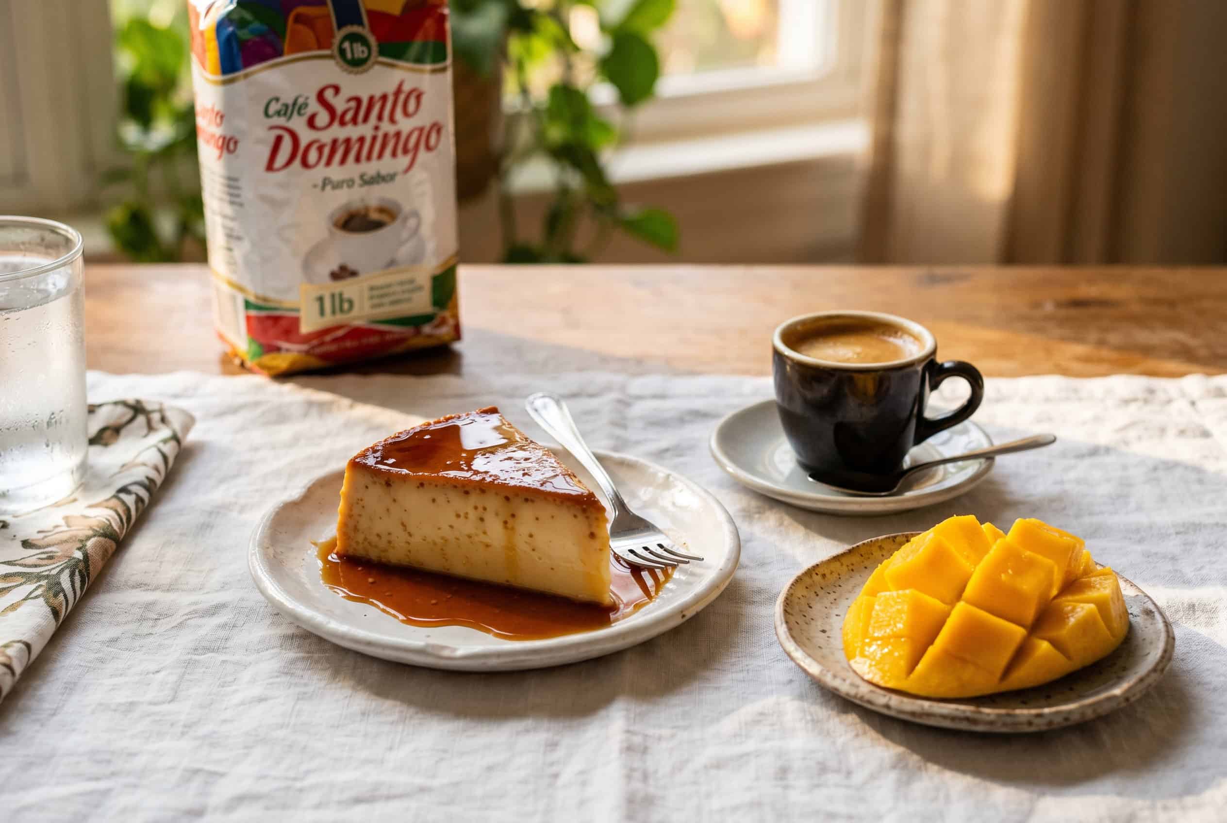 Slice of flan dominicano on a plate with strong Dominican coffee