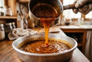 Amber caramel being poured into a flanera for Dominican flan