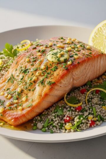 Garlic Butter Salmon with Lemon-Herb Couscous — food photography