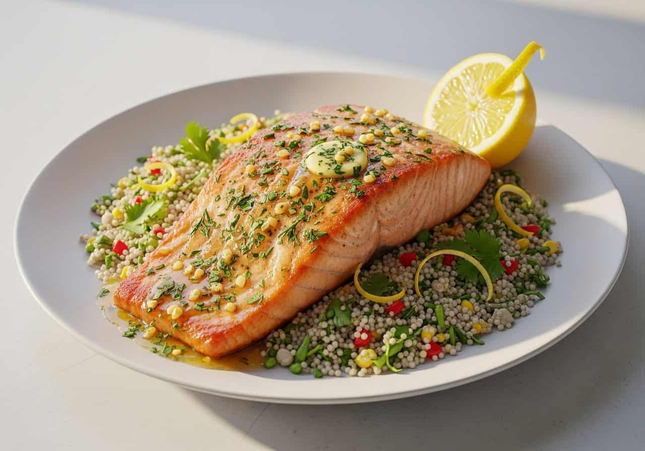 Garlic Butter Salmon with Lemon-Herb Couscous — food photography