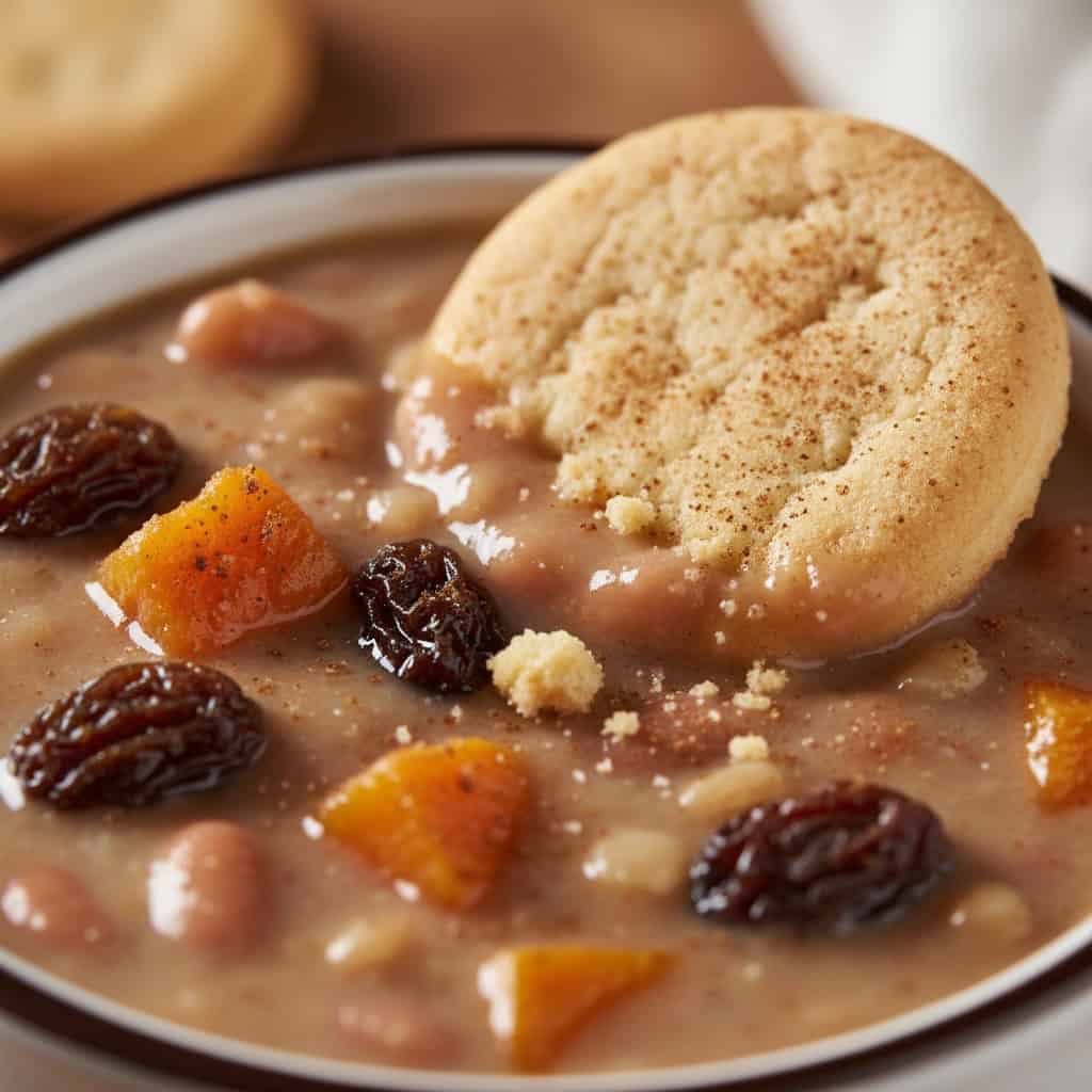 Close-up of habichuelas con dulce showing creamy texture with raisins and milk cookies