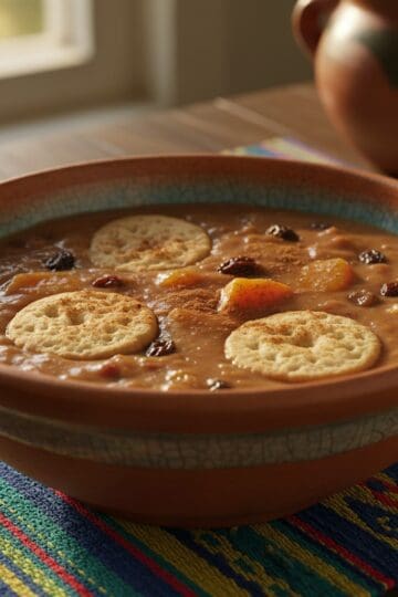 Bowl of Dominican habichuelas con dulce sweet bean dessert with milk cookies on top