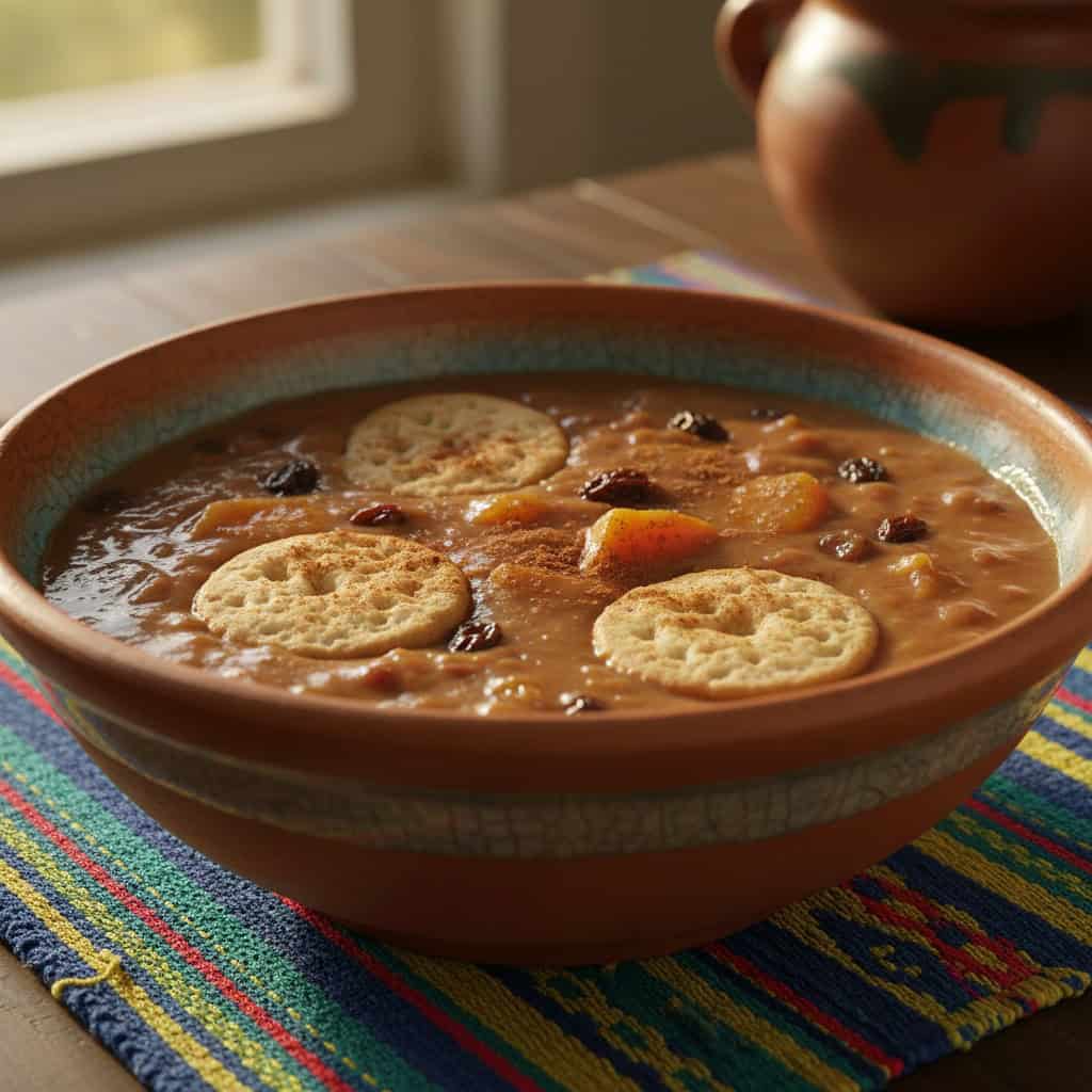 Bowl of Dominican habichuelas con dulce sweet bean dessert with milk cookies on top