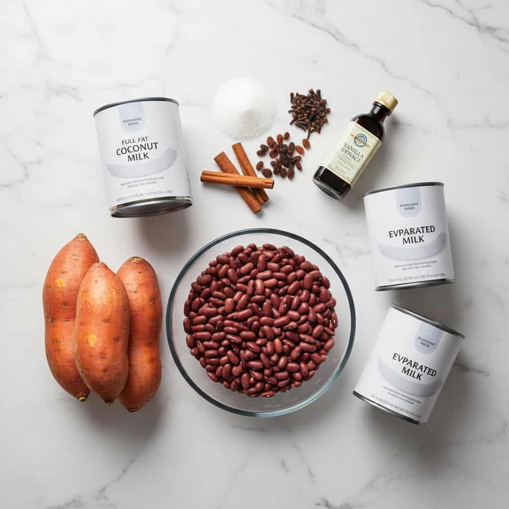 Ingredients for habichuelas con dulce: red beans, coconut milk, sweet potato, cinnamon