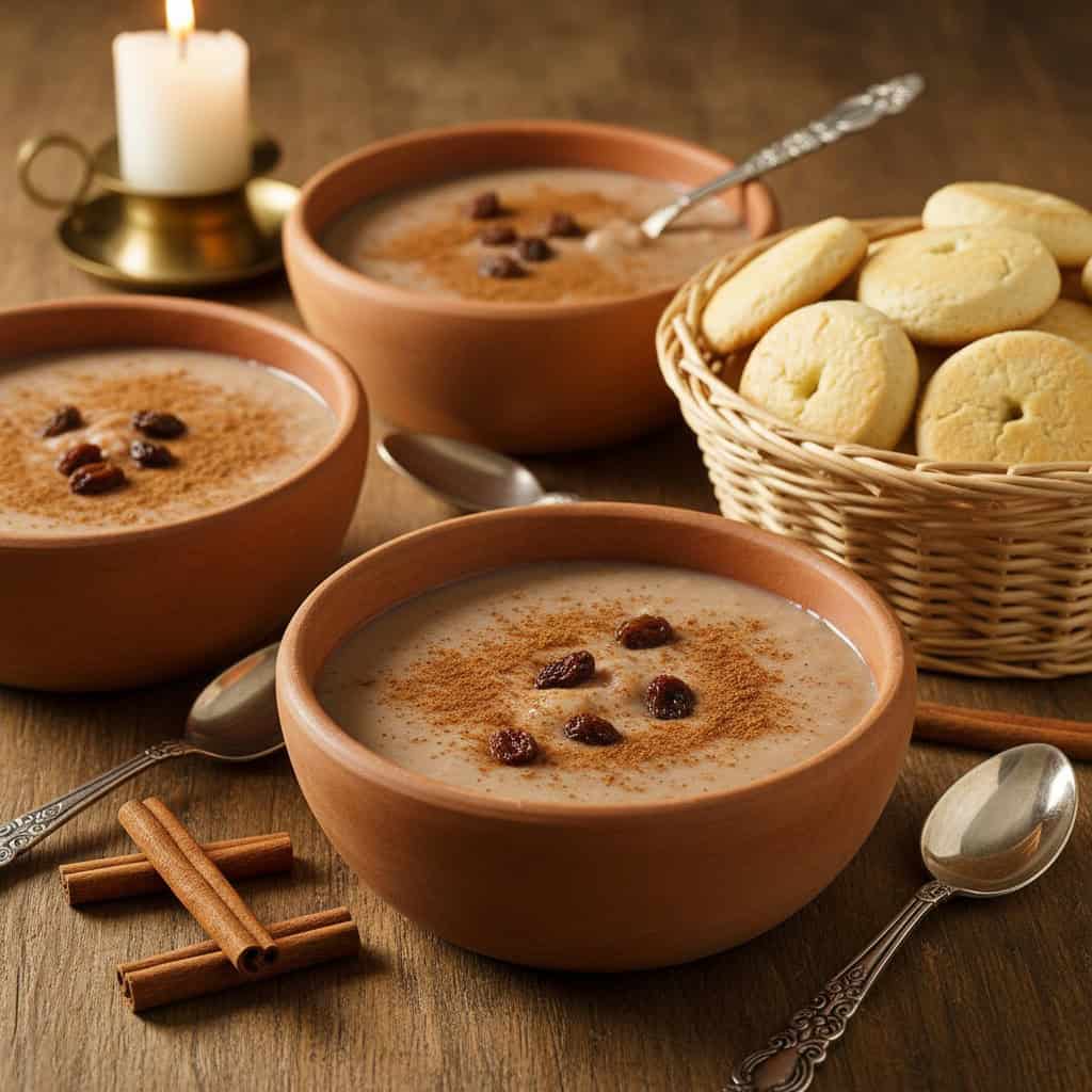 Easter table setting with multiple bowls of habichuelas con dulce ready to serve