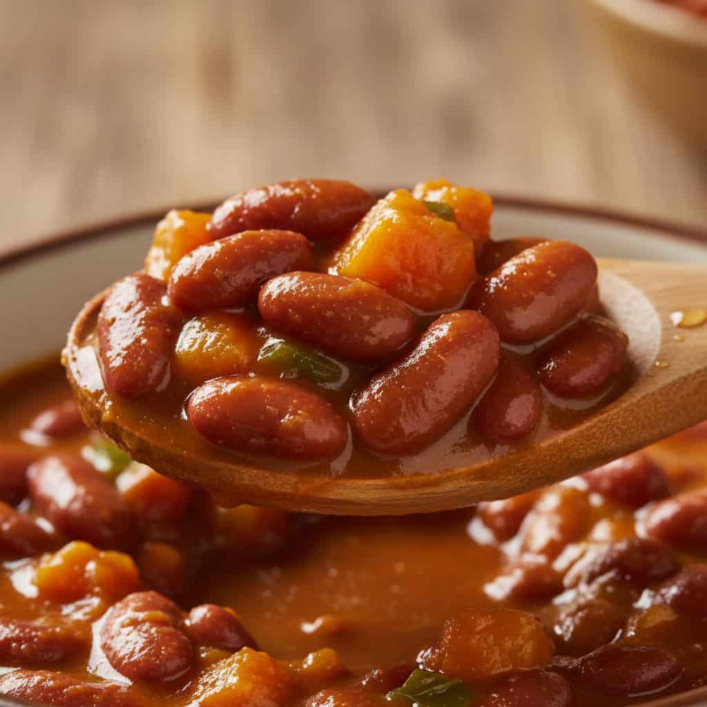 Close-up of creamy habichuelas guisadas showing thick auyama-thickened sauce
