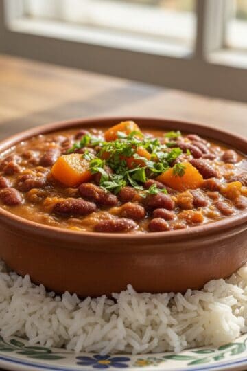 Dominican habichuelas guisadas stewed red beans with auyama in a ceramic bowl over white rice
