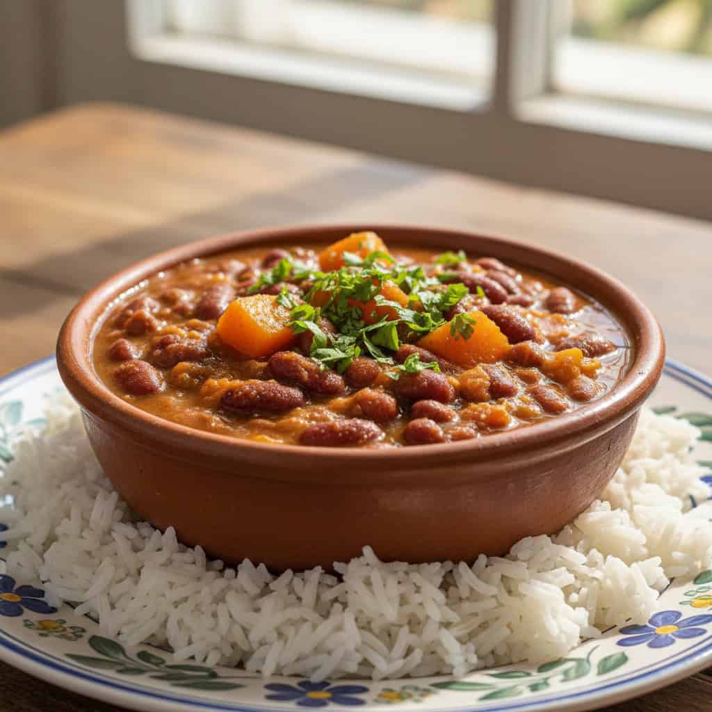 Dominican habichuelas guisadas stewed red beans with auyama in a ceramic bowl over white rice
