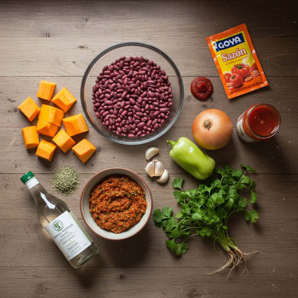 Ingredients for habichuelas guisadas including dried red beans, auyama, sofrito, and Dominican seasonings