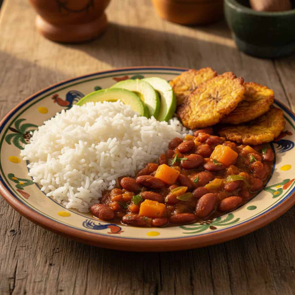 Habichuelas guisadas served over white rice with avocado and tostones