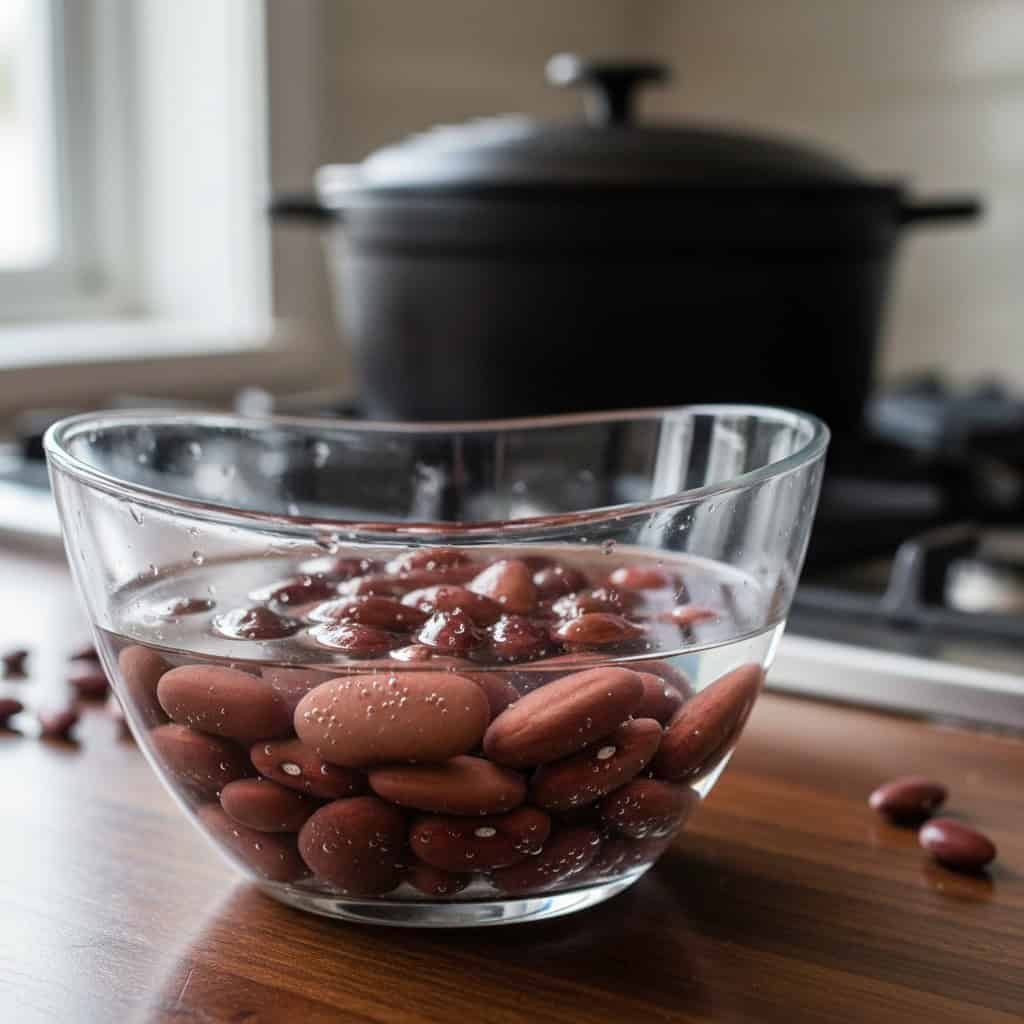 Dried red beans soaking and being prepared for habichuelas guisadas