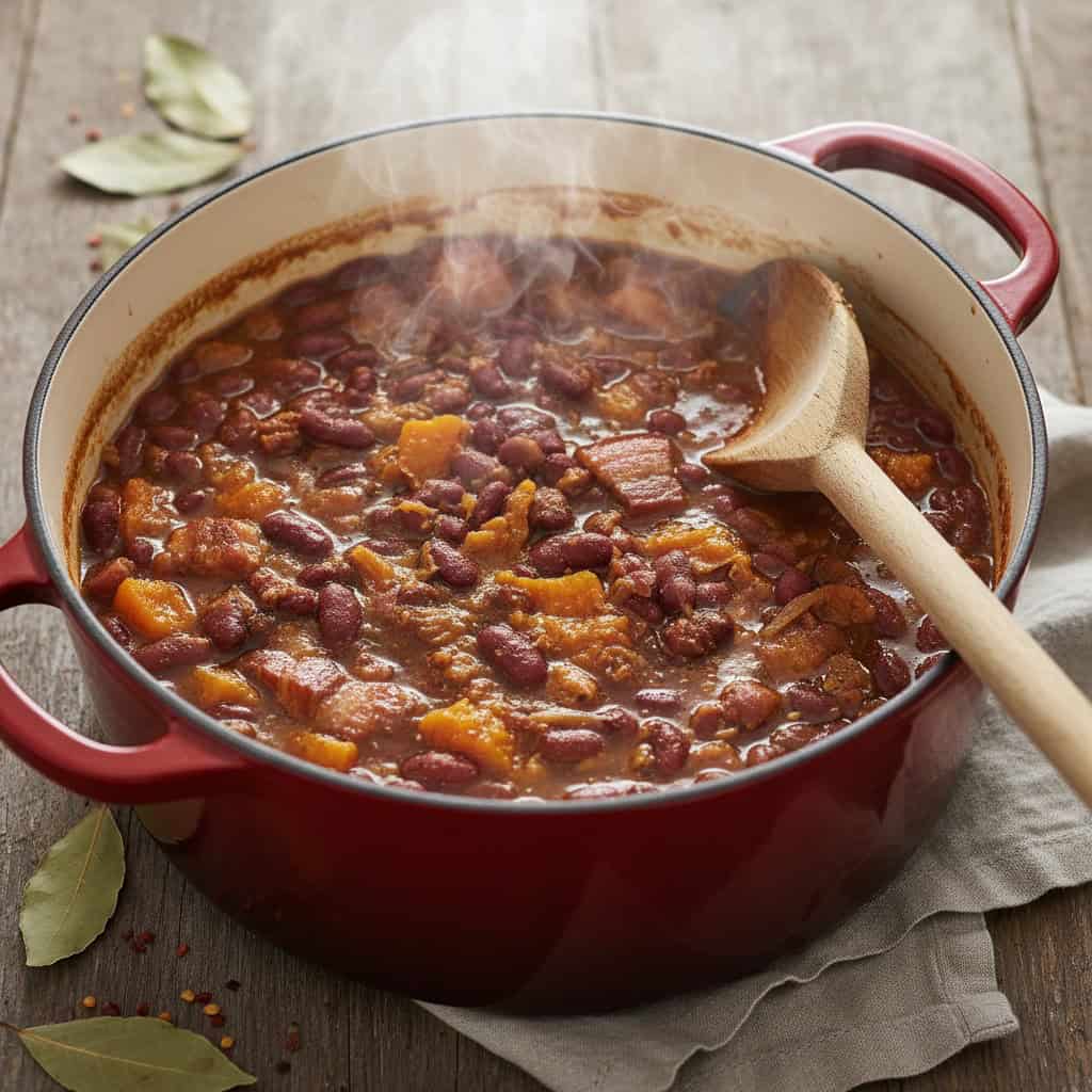 Habichuelas guisadas with auyama pumpkin chunks simmering in pot
