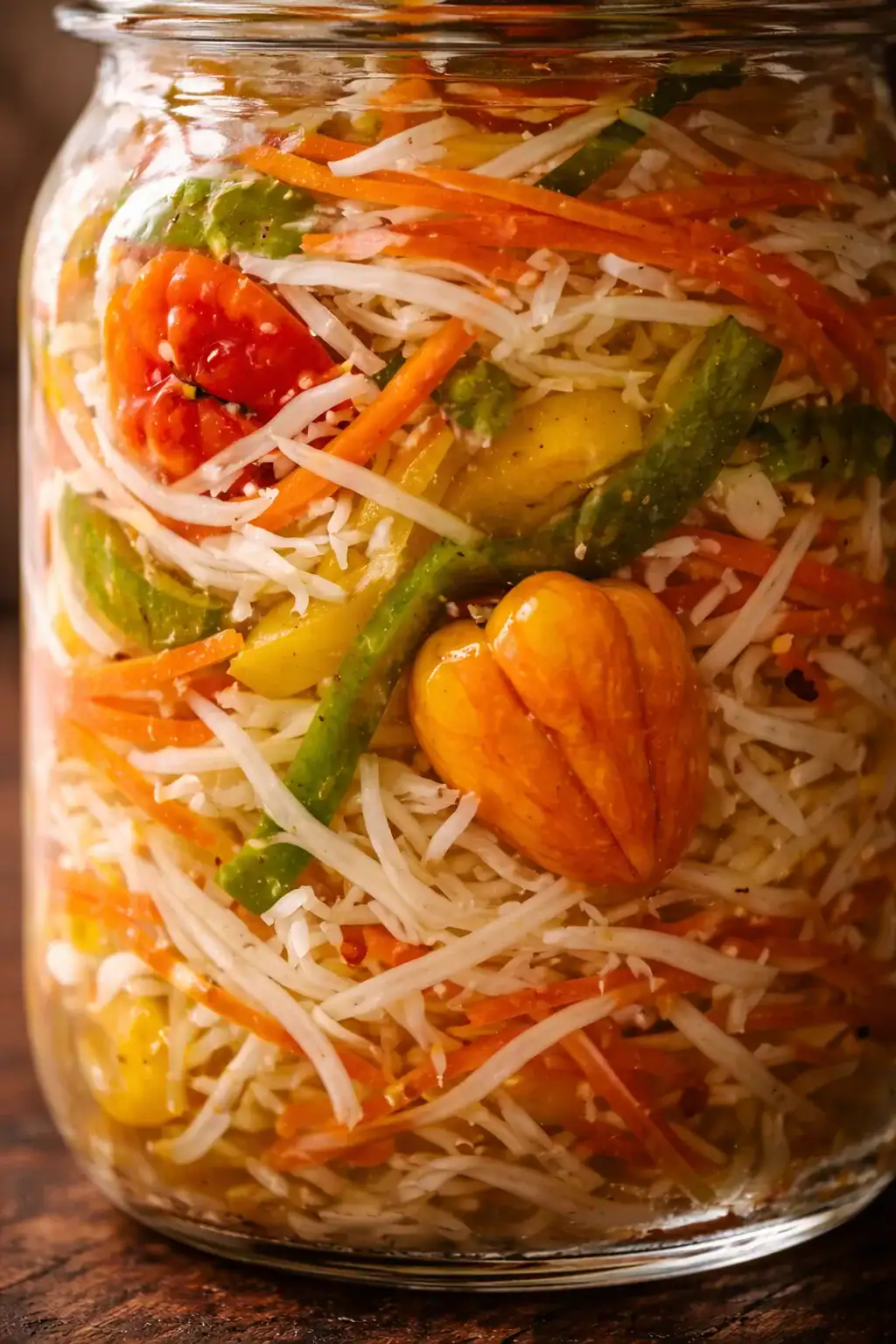 Close-up of Haitian pikliz in brine