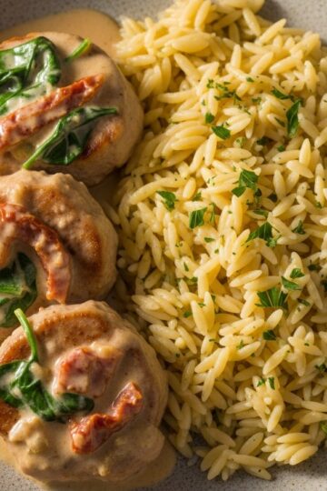 Creamy Tuscan Pork Medallions with Garlic Butter Orzo — food photography