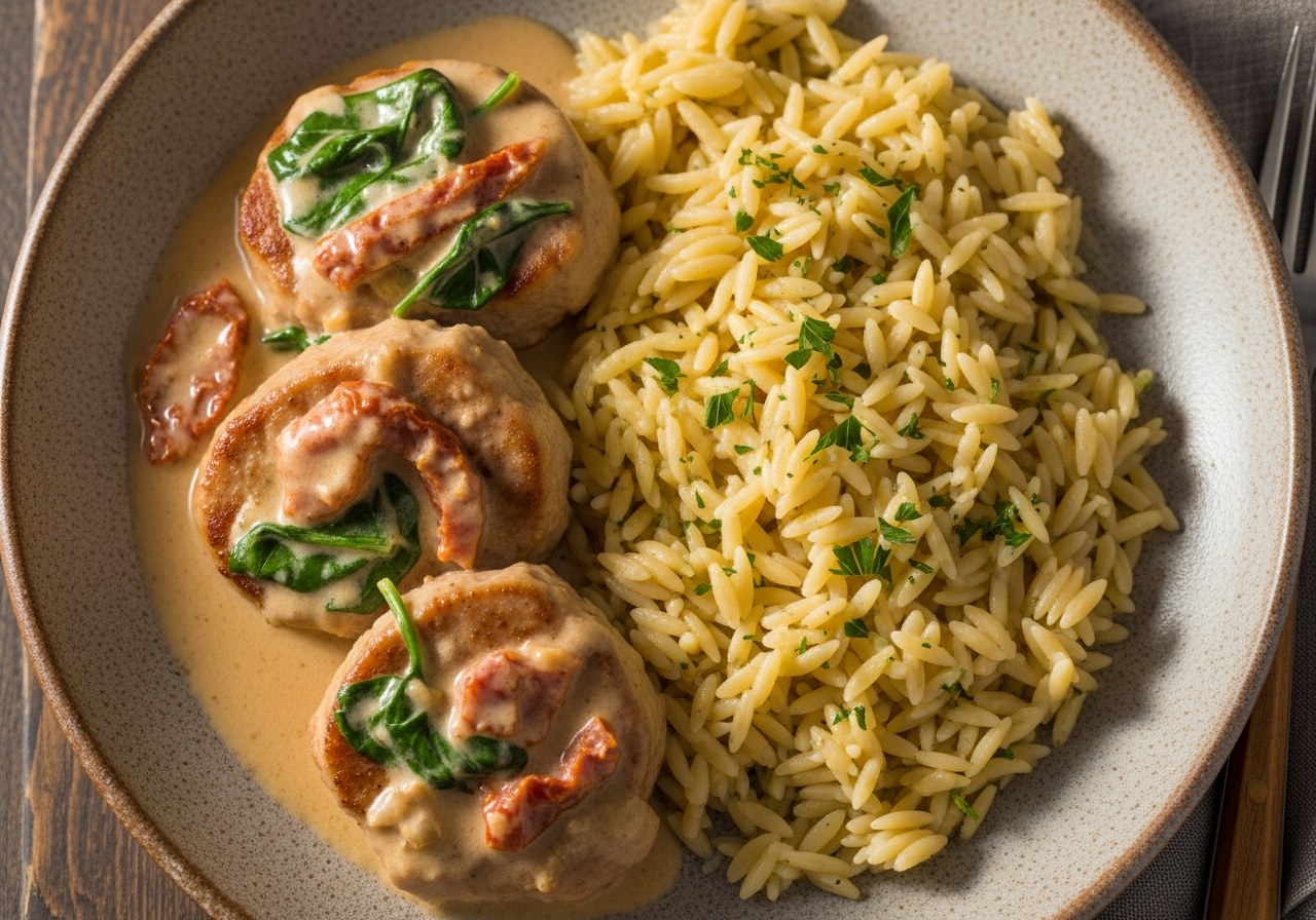 Creamy Tuscan Pork Medallions with Garlic Butter Orzo — food photography