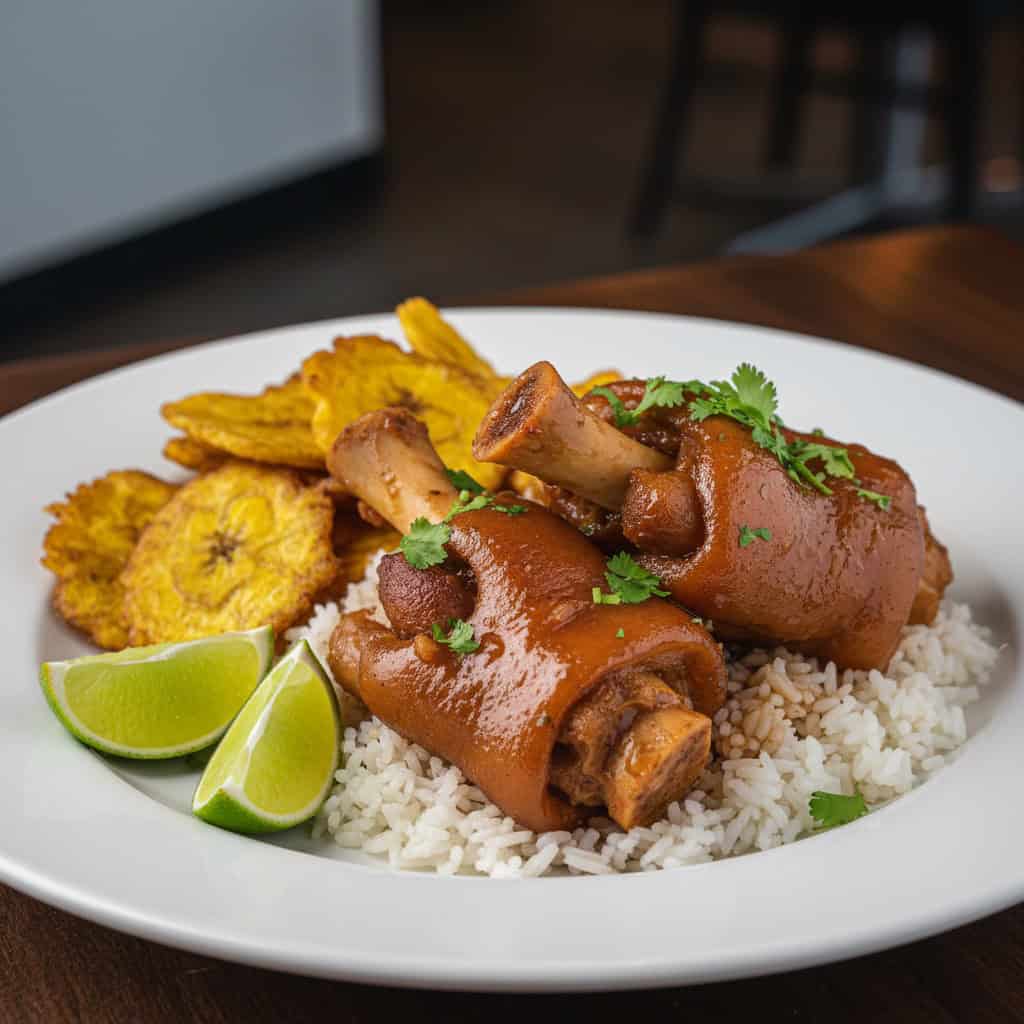Plated Dominican braised pig feet over white rice with tostones cilantro and lime wedges