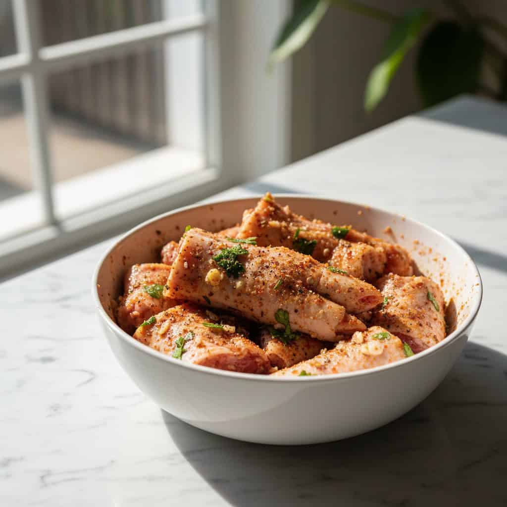 Raw pig feet cleaned and marinated with Dominican seasonings including sazon adobo and garlic