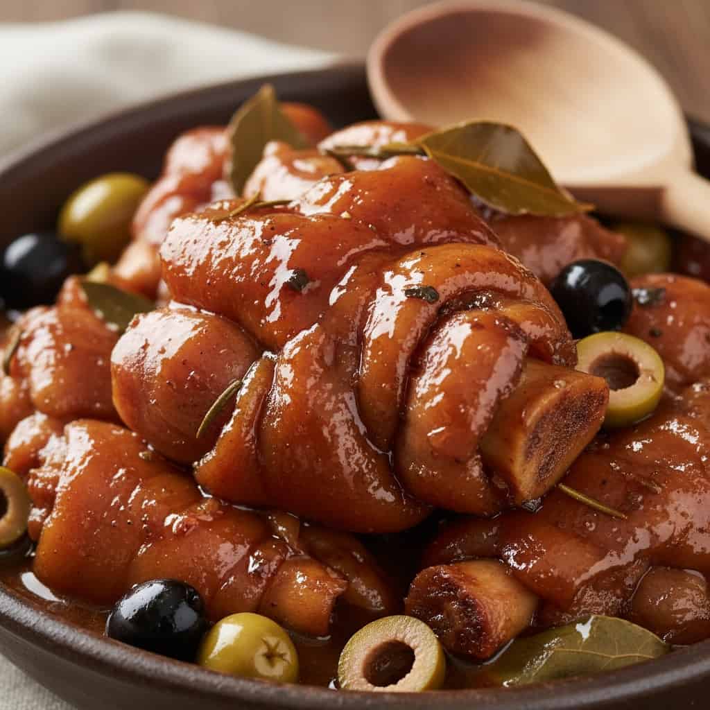 Close-up of thick glossy braising sauce coating tender pig feet with olives