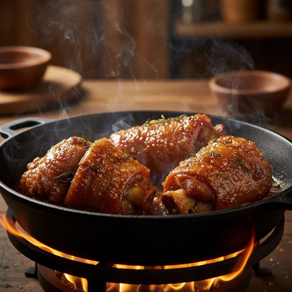 Pig feet being seared in a caldero with caramelized sugar for golden brown color