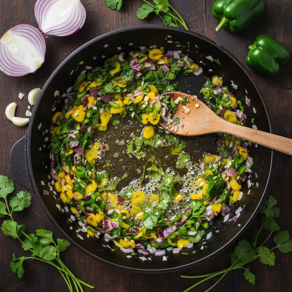 Dominican sofrito base with diced onions cubanelle peppers cilantro and garlic cooking in oil