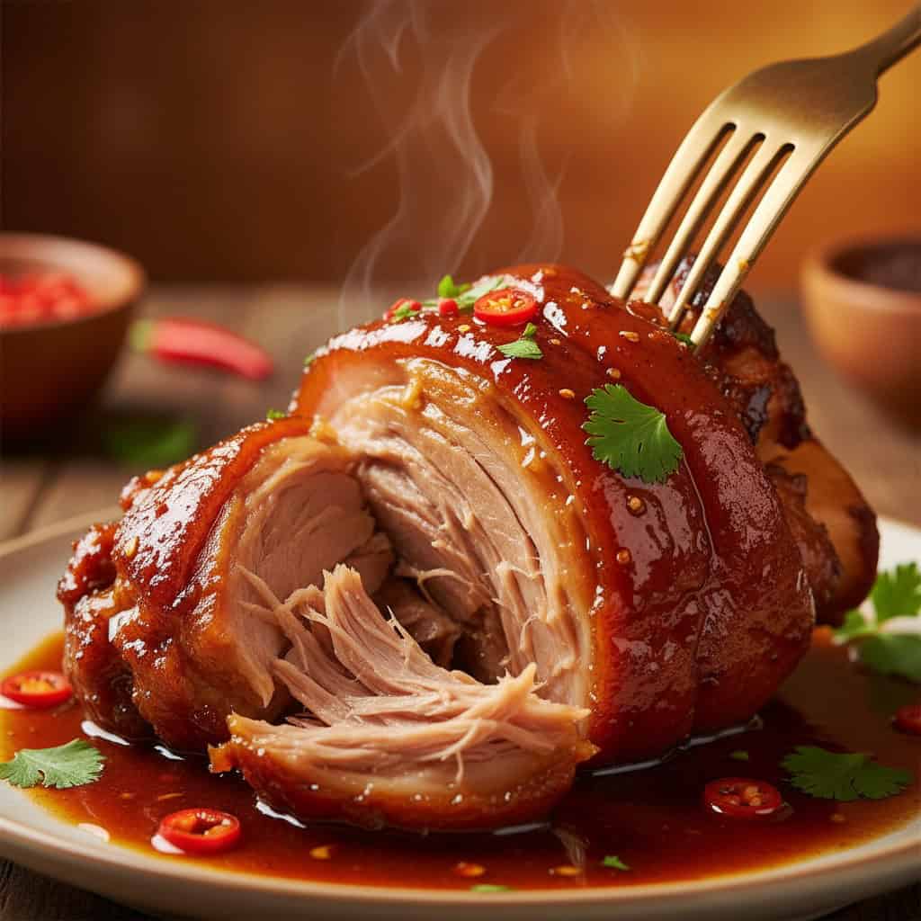 Close-up of fork-tender braised pork hock with glossy sauce falling off the bone