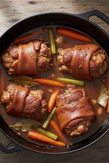 Braised pork hocks and pork feet in a Dutch oven with rich brown sauce carrots and bay leaves