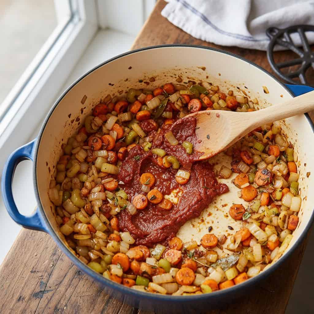 Mirepoix of onions carrots and celery cooking with tomato paste in a Dutch oven