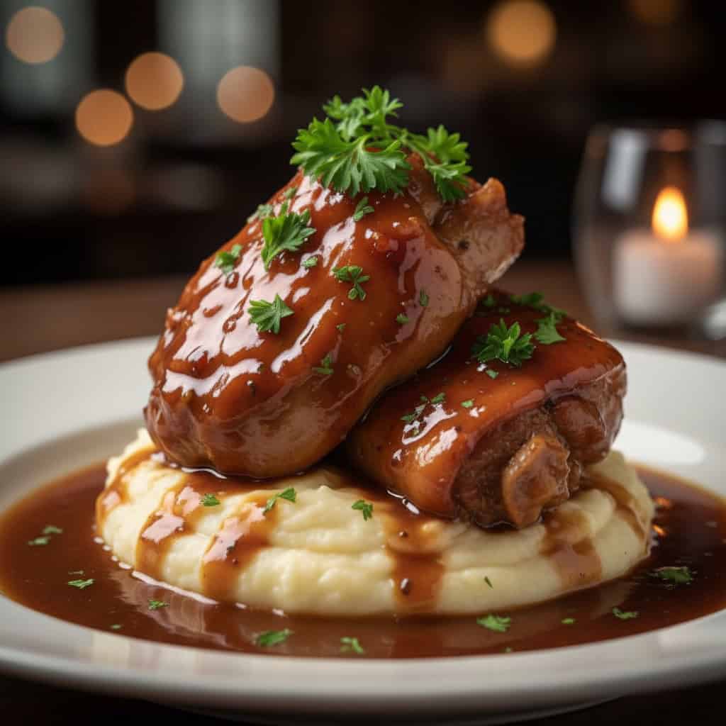 Braised pork hocks served over creamy mashed potatoes with rich brown gravy and parsley garnish