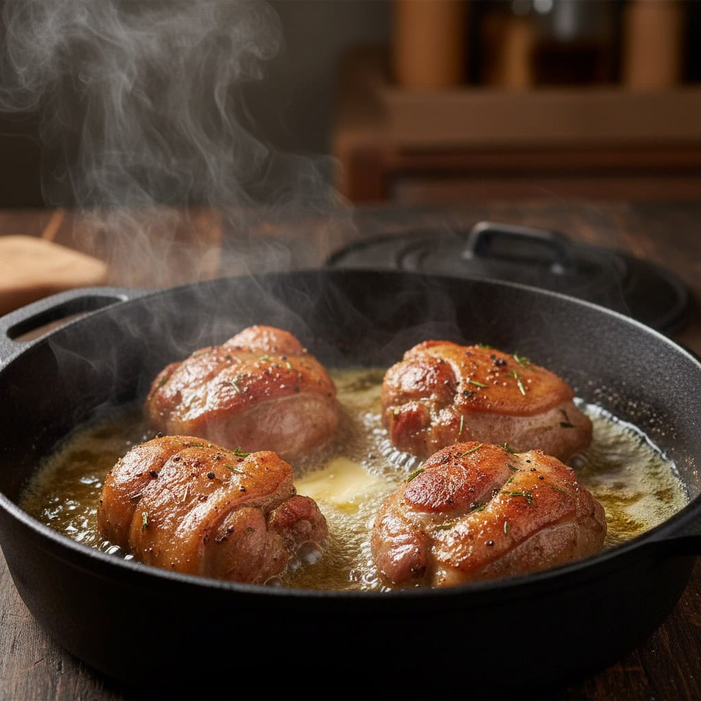 Pork hocks being seared golden brown in a Dutch oven with butter and olive oil