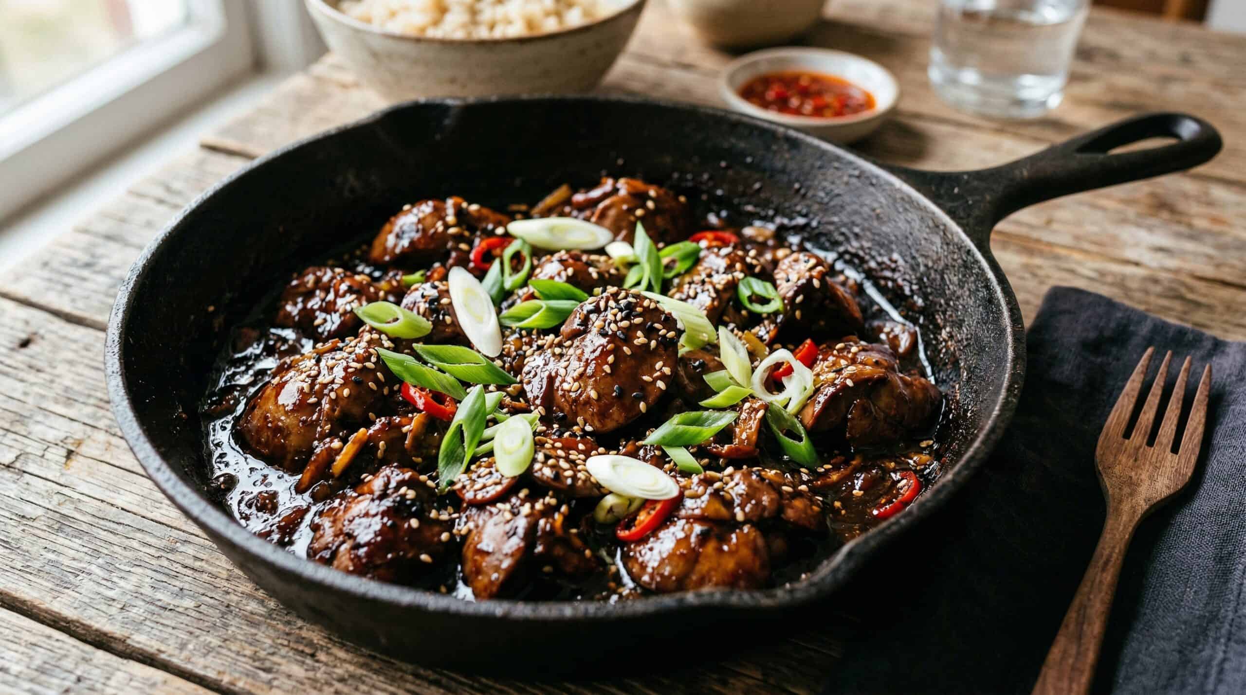 Sticky glazed chicken livers in a cast iron skillet 45-degree angle
