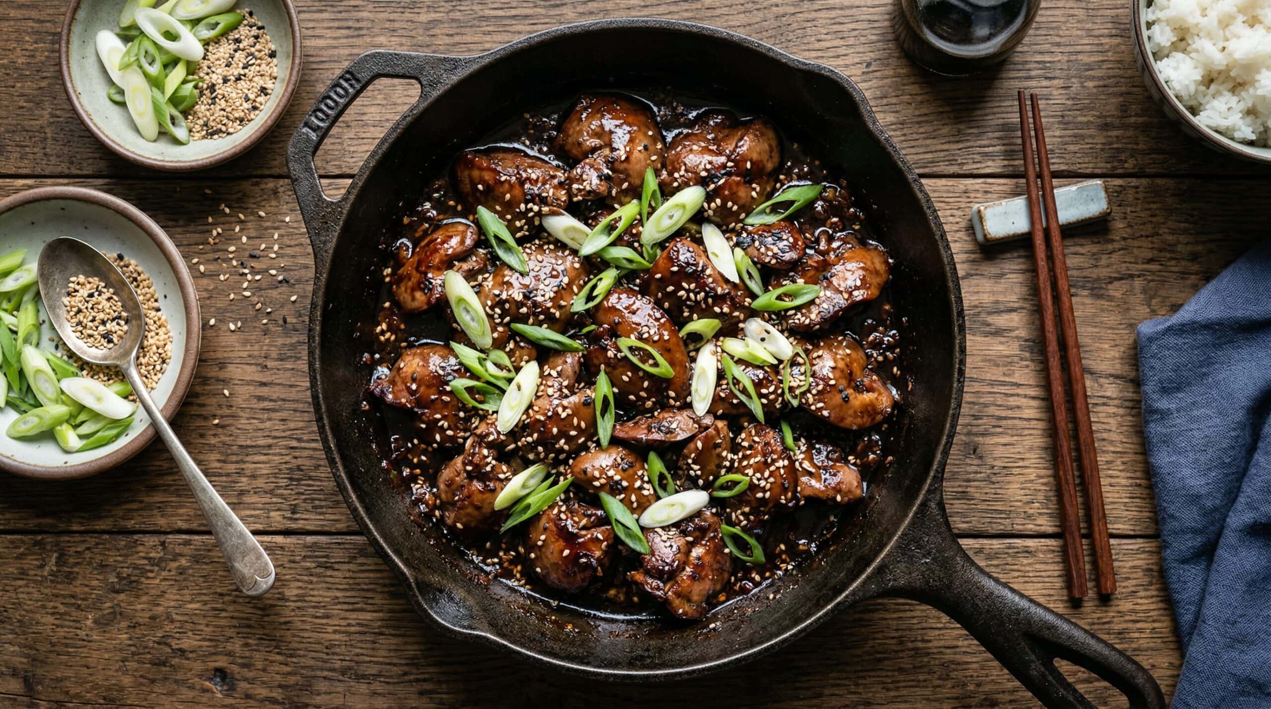 Sticky glazed chicken livers in a cast iron skillet with scallions and sesame seeds