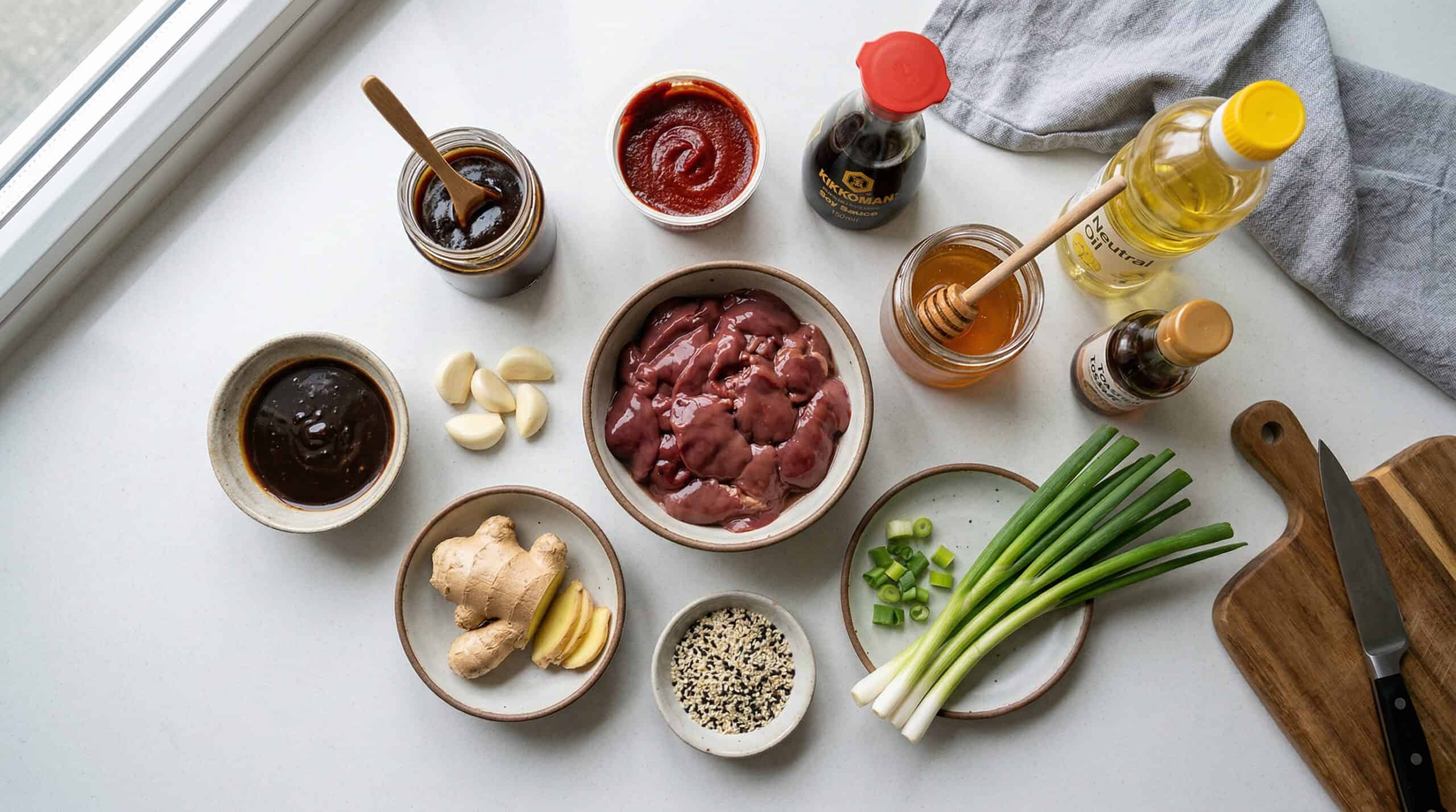 Ingredients for sticky Asian glazed chicken livers laid out on kitchen counter