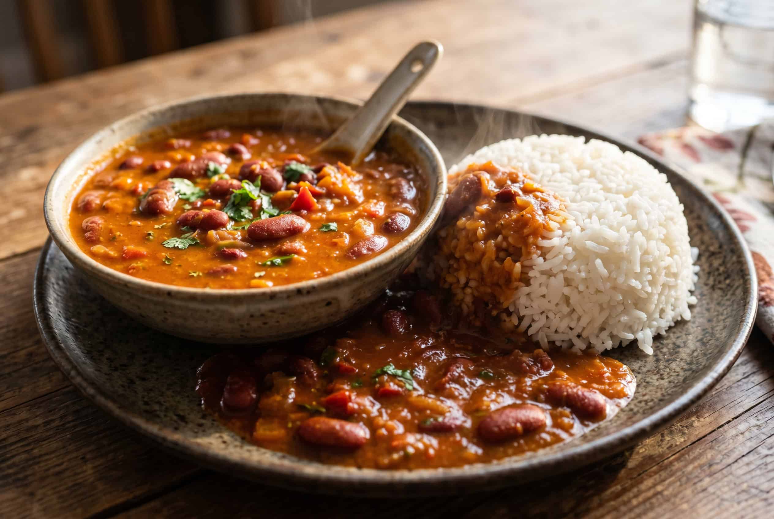 Dominican habichuelas guisadas red bean stew next to white rice