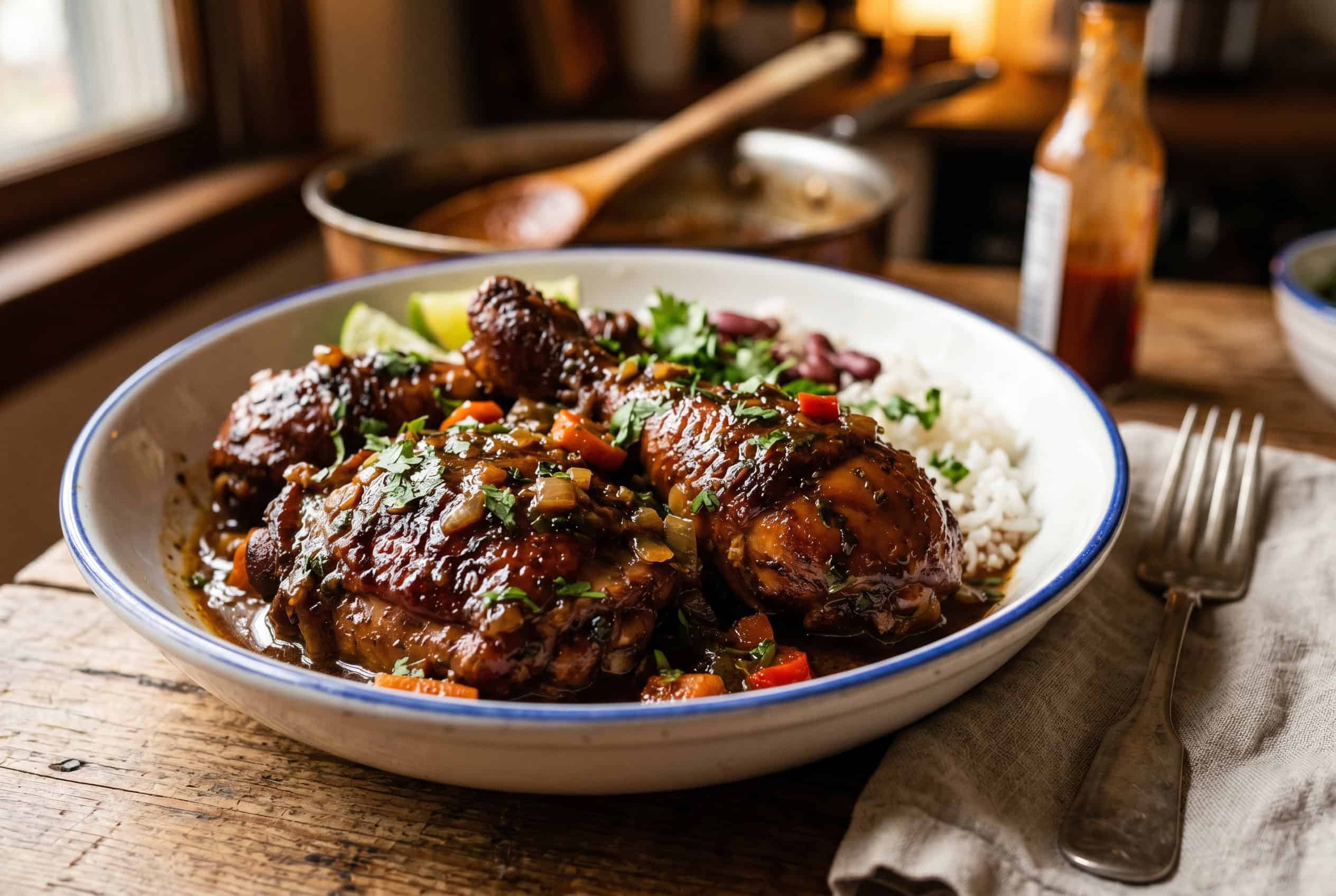 Dominican pollo guisado braised chicken close-up