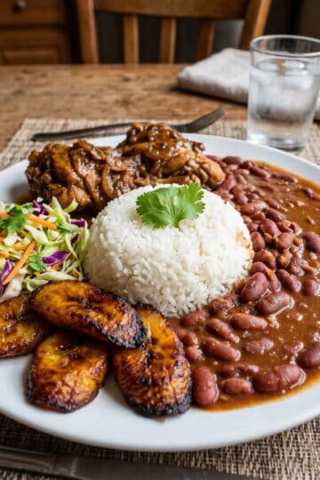 La Bandera Dominicana full plate with rice, red beans, braised chicken and plantains