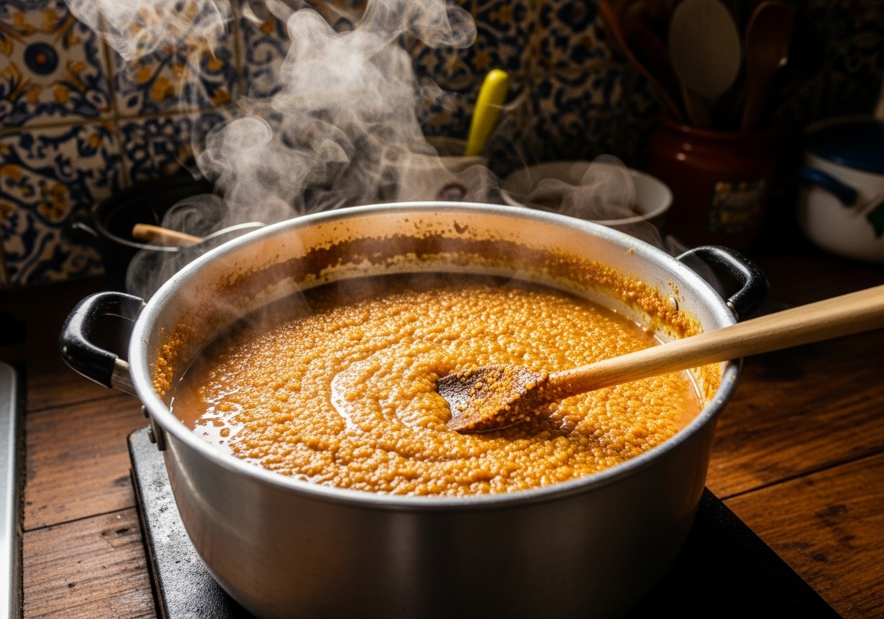 Leche cortada at advanced stage — thick golden-amber caramelized curds in a pot, steam rising