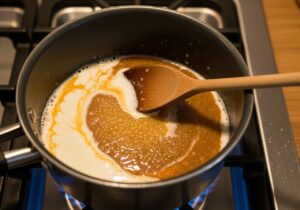 Milk and sugar turning golden caramel in a pot as lime juice is added, grainy curds forming
